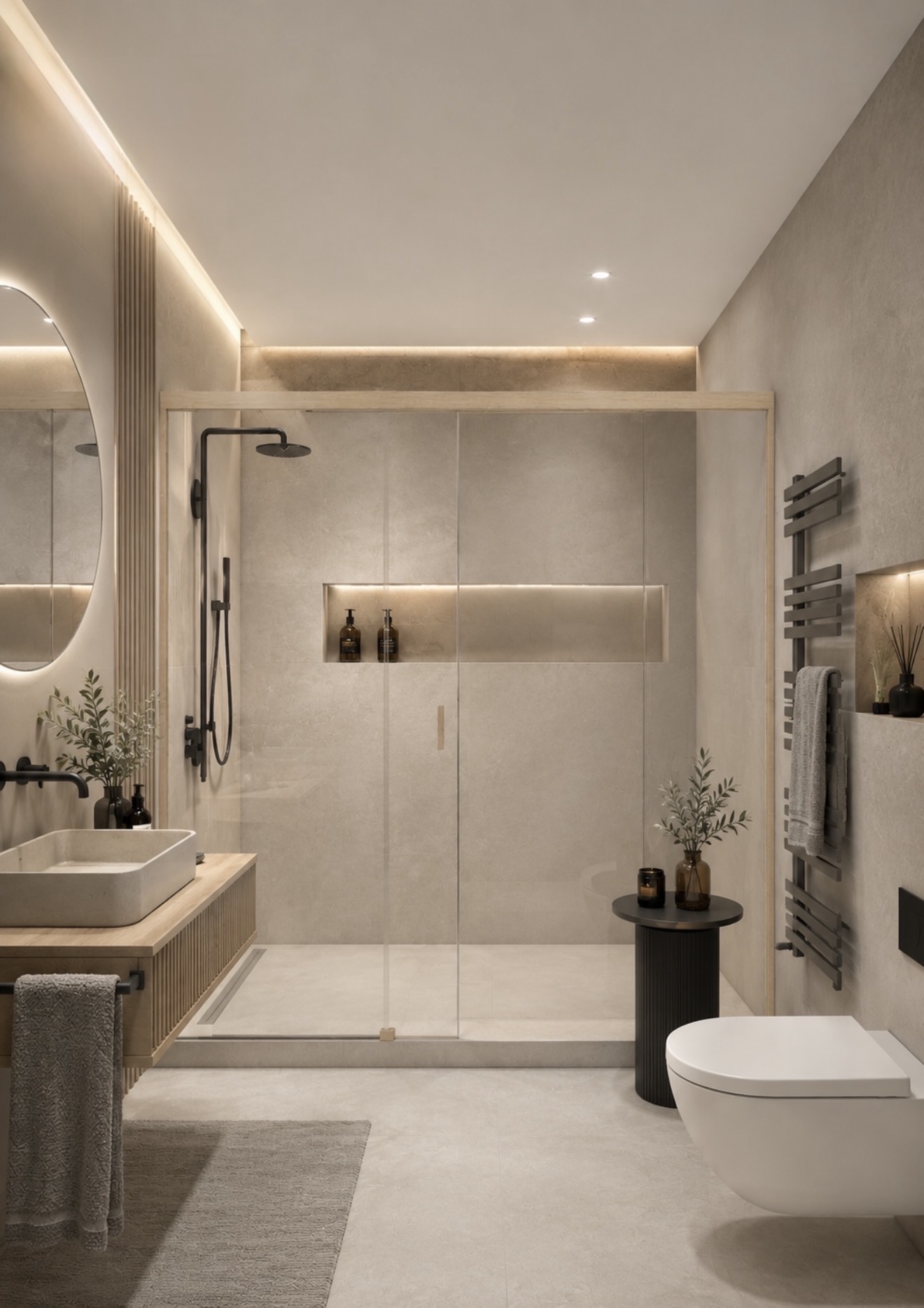 Moderne Dusche mit schwarzer Hexagon-Wandverkleidung